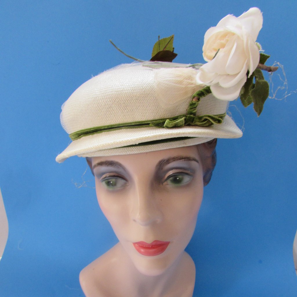 Vintage Hat White With White Rose Green Leaves